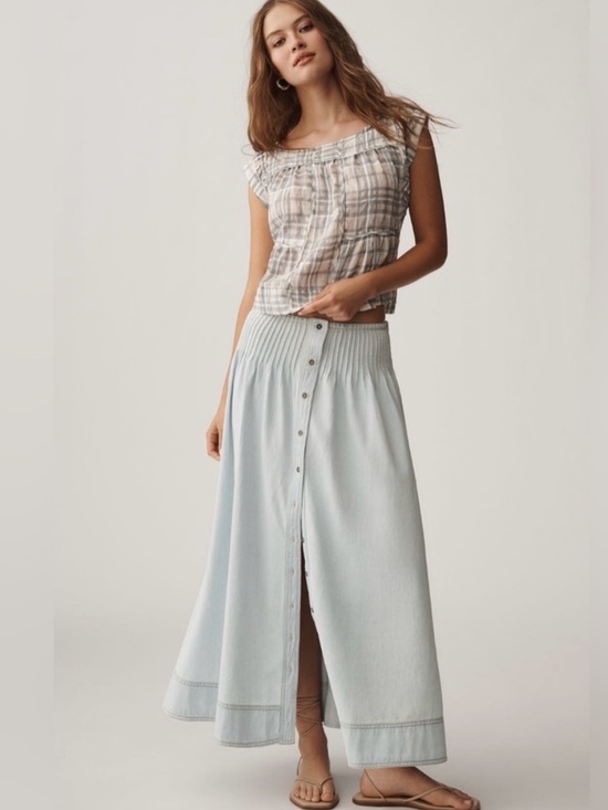 Pilcro Dresses & Skirts - Anthropologie Pilcro Light Wash Cotton Pintuck Basque-Waist Denim Maxi Skirt XL